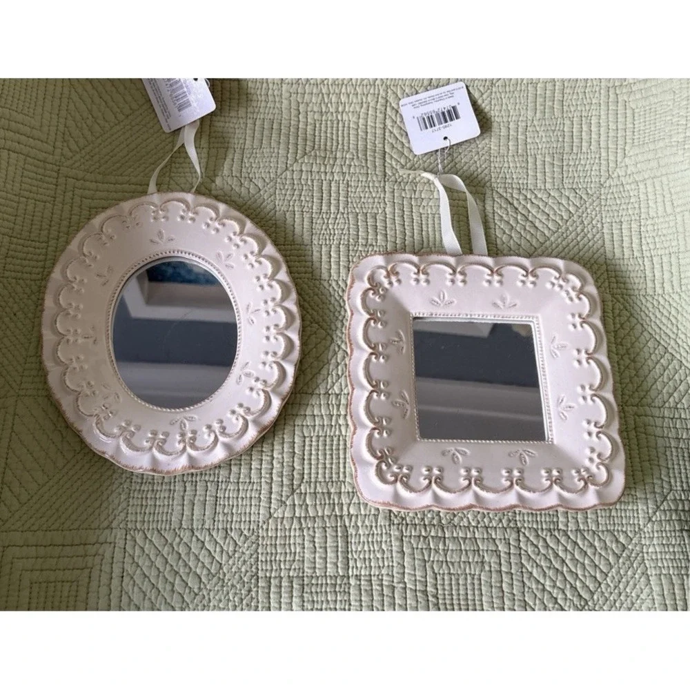 Set of 2 Ornate Hanging Wall Mirrors Cream Shabby Chic Oval Square NWT 7ish